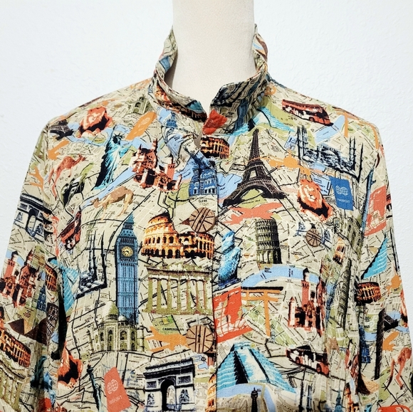 John Mark Women’s Travel Print Button Front Shirt Top Tunic SZ Medium 3/4 Sleeve - Picture 2 of 13